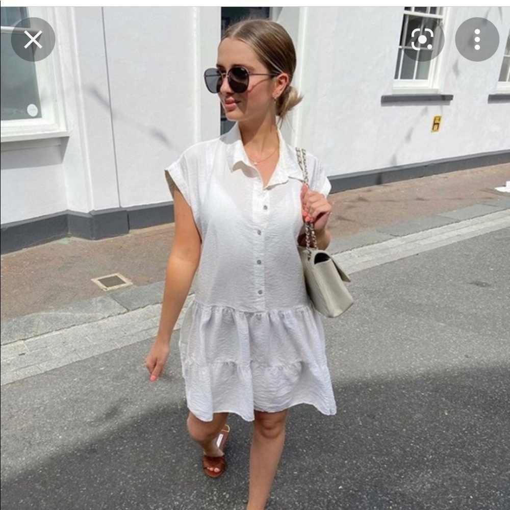 Zara white tiered babydoll dress with collar and jeweled buttons NWT